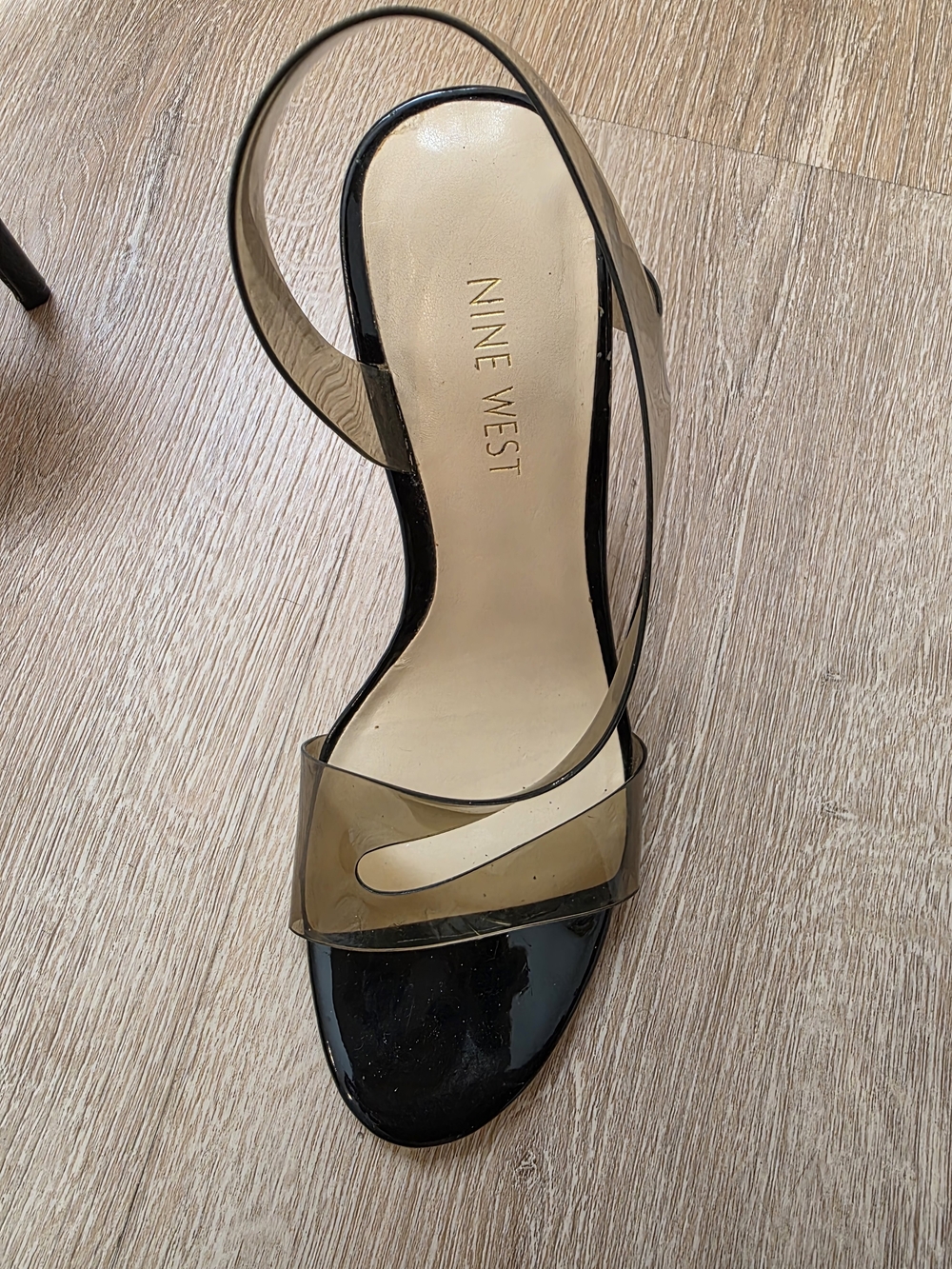 Nine West Black Patent and Smoke Clear Strap Heel